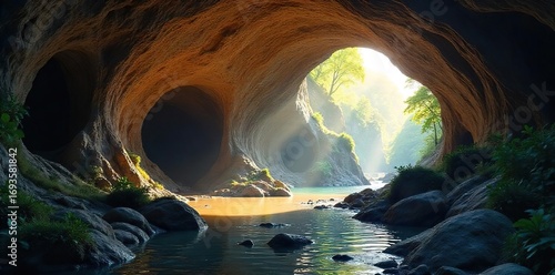 Serene underground cave bathed in soft light, perfect for mindful meditation or spiritual reflection Discover inner peace in this tranquil, naturally formed space , hole, grounding