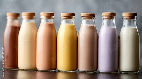 Glass bottles filled with various flavored milks lined up agains