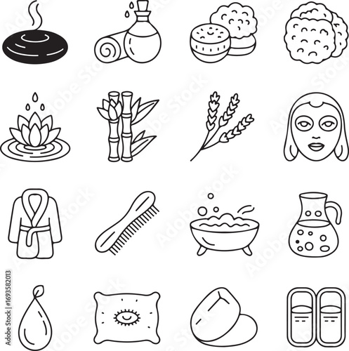 Spa and wellness icons including lotus flower bamboo oil bottle and face mask health