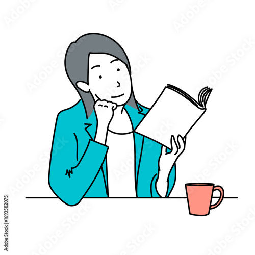 本を読みながら考える女性のイラスト｜読書を楽しむ人物とコーヒーカップが描かれたシンプルなベクターイラストで、教育やライフスタイルのコンテンツに活用できます