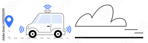 Self-driving car with GPS pin, wireless signals, and cloud icon. Ideal for technology, AI automation, smart cities, logistics, innovation GPS services mobility concepts. Clean simple flat metaphor