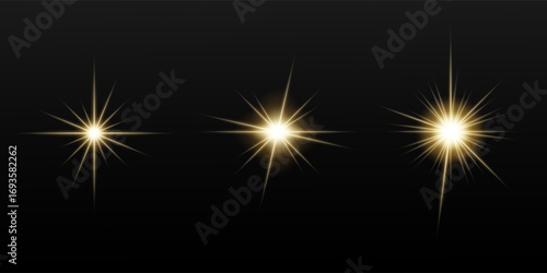 Collection of flashes, lights and sparks. Abstract golden lights isolated on a transparent background. Bright gold flashes and glares. Bright rays of light. Glowing lines. Vector illustration. EPS 10