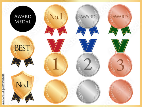 金銀銅メダルとリボンの表彰アイコンセット、ランキング訴求や受賞発表・資料見出しに便利汎用デザイン素材