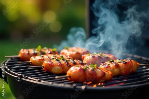 Delicious grilled food sizzling on a barbeque grill, smoke rising, summer feast, backyard cookout ,  steak,  sausage