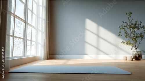 serene yoga studio bathed in natural light empty mat ready for practice with room for copy space