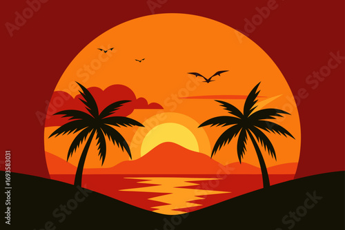 Sunset scene with palms and flying birds