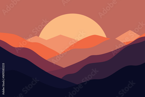 Sunset over layered mountain landscape art
