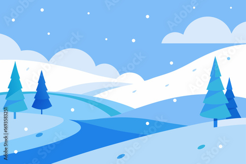 Cartoon winter landscape with snow falling