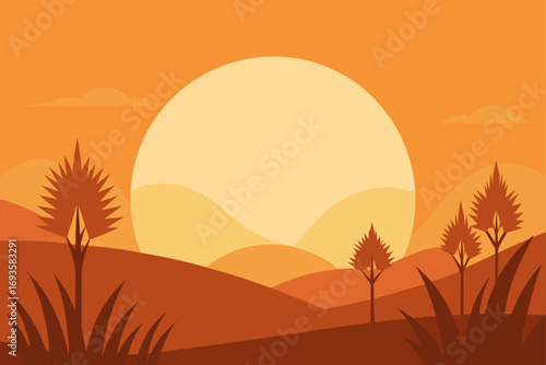 Illustration of a sunset over the hills