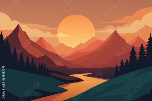 Sunset over mountains with river flowing