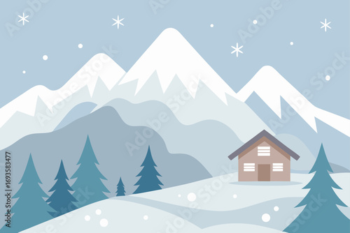 Winter landscape with cabin and mountains