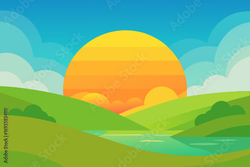Landscape with sun hills and water scene