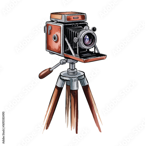 Antique Camera Vector Illustration Classic Photography Equipment on Tripod Design