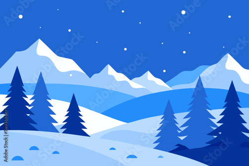 Blue winter landscape with snowy mountains