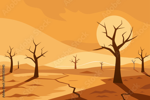 Dry landscape with cracked earth and trees