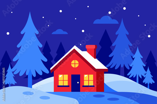 Red house in a snowy winter landscape night