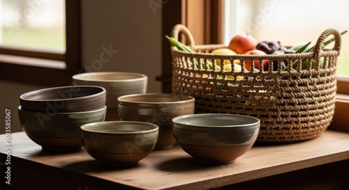 Wallpaper Mural Rustic Still Life of Earthy Ceramic Bowls and a Woven Fruit Basket by a Window Torontodigital.ca