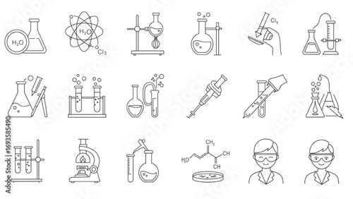 Chemistry Lab Line Art Icon Set – Beakers, Test Tubes, Flasks, Safety Goggles, Chemical Formulas