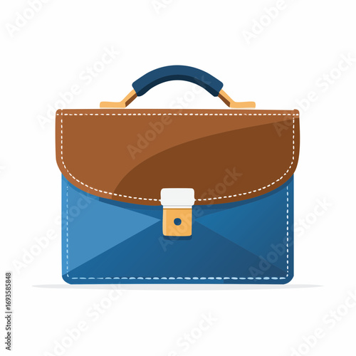 A stylized illustration of a closed, brown and blue leather briefcase with a handle and clasp.