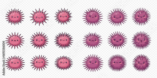 A collection of cute pink and purple spiky virus characters with a wide range of emotional facial expressions, from happy to angry.