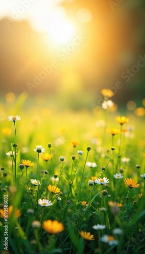 Golden sunlight bathes a vibrant meadow, wildflowers swaying gently in the breeze  A tranquil scene of nature's beauty, perfect for idyllic backgrounds or calming imagery ,  bloom,  serenity