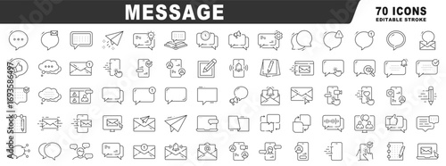 Clean outline message icons for chat, SMS, email notifications, reply, send, inbox, compose, typing, mobile app UI, vector line, editable