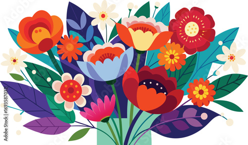 A seamless floral pattern of red poppies and pink tulips creates a beautiful spring garden illustration