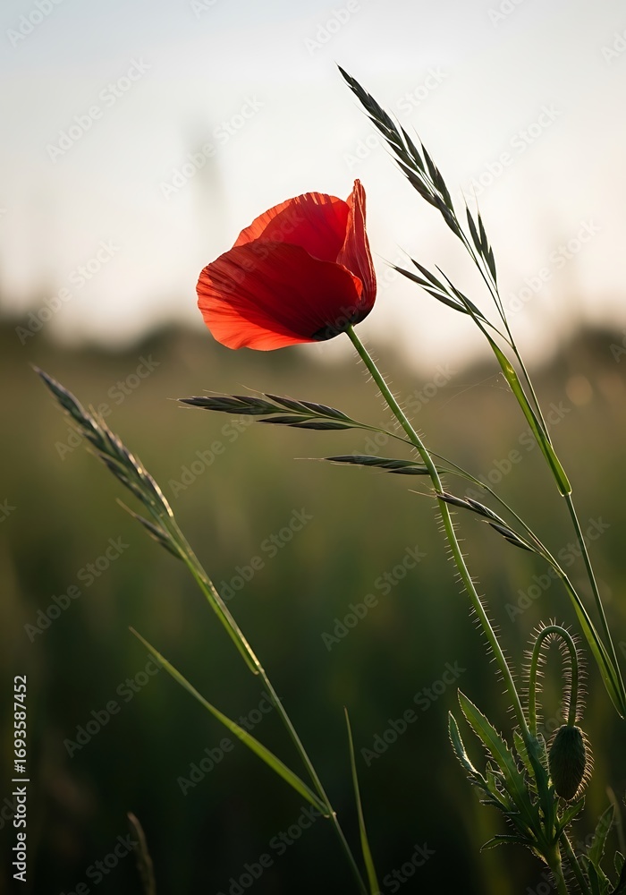 Obraz premium Crimson Poppy Unveiling Petals at Dawn in a Serene Meadow Landscape