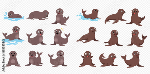 A collection of adorable cartoon baby seals and sea lion pups depicted in various playful poses, including swimming, sitting, and standing.