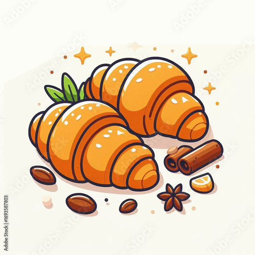 Two croissants cinnamon sticks star anise coffee beans and sparkles against a white background