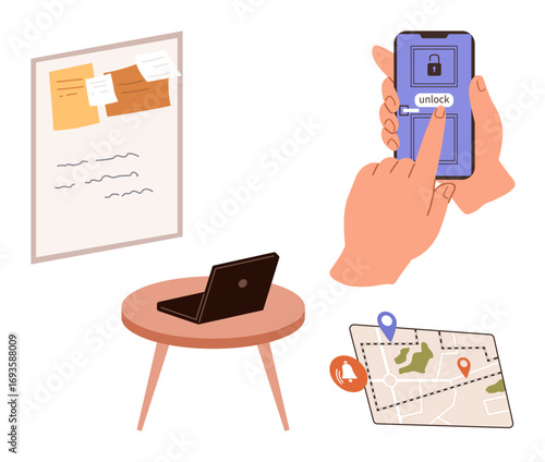 Hands using smartphone lock screen, laptop on table, wall planner, and map with location pins. Ideal for productivity, planning, digital security, navigation, mobile technology remote work modern