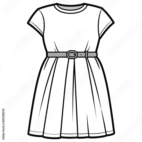 Black and white fashion illustration of a short sleeve dress with a belt drawing sketch
