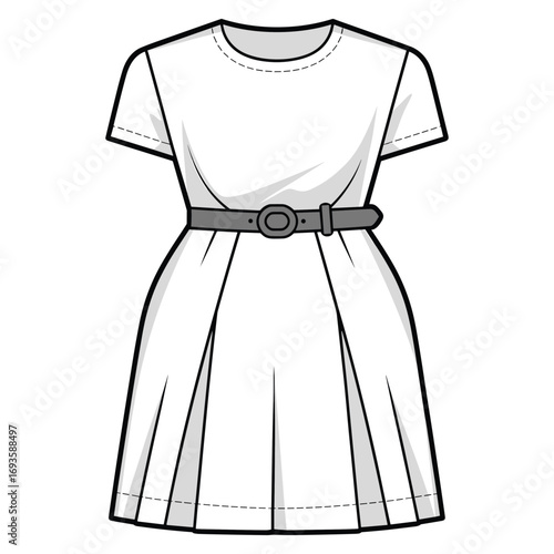 Black and white fashion illustration of a short sleeve dress with a belt drawing sketch