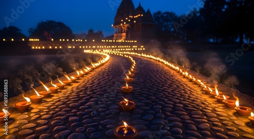 Glowing traditional oil lamps illuminating a cobblestone path during Diwali festival.