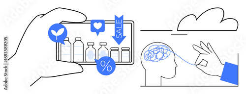 Wallpaper Mural Smartphone displaying products and discounts, hand untangling a mind maze, representing decision-making, digital impact, and cognitive clarity. Ideal for e-commerce, psychology, mental health Torontodigital.ca