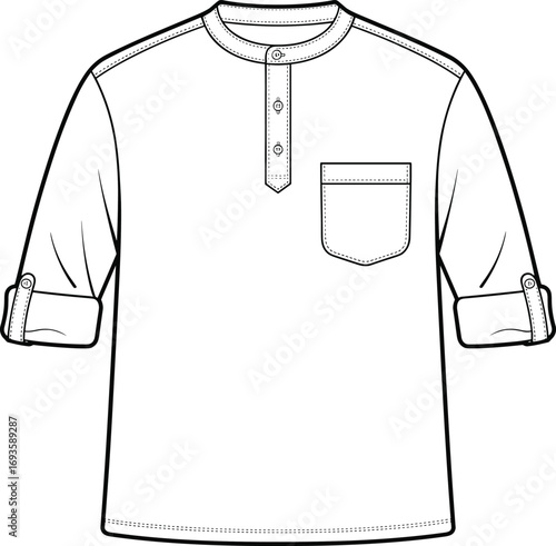 Black and white line drawing of a short sleeve banded collar shirt with rolled cuffs and pocket clothing