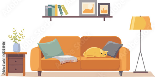 A vibrant orange couch featuring a relaxed cat resting on its cushions, creating a warm and inviting atmosphere.
