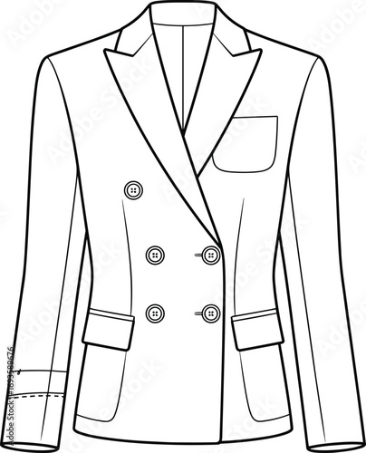 Double breasted blazer fashion flat sketch with notched lapels and pockets clothing