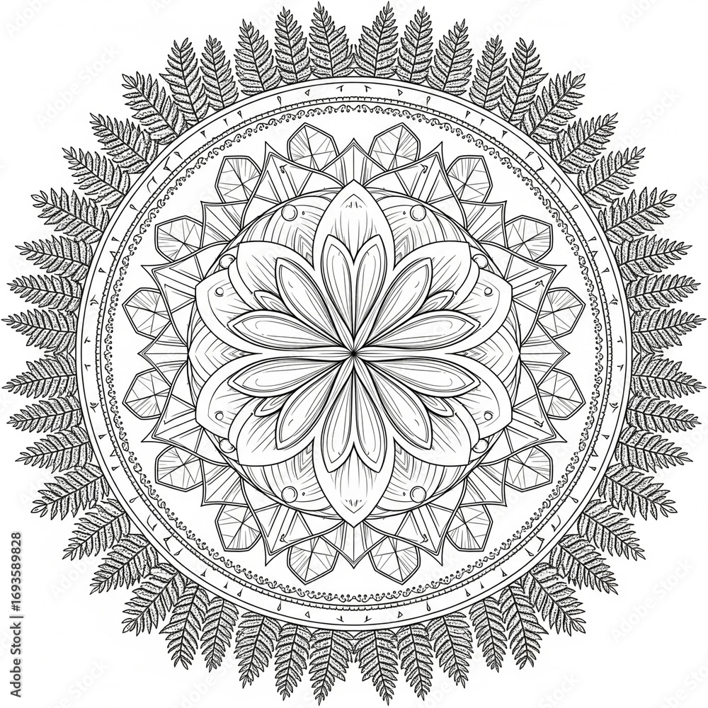 Fototapeta premium Geometric Crystal Flower Mandala with Dodecahedron Center – Black and White Coloring Page