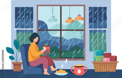 A woman sits comfortably on a couch, sipping tea and eating soup from a bowl.