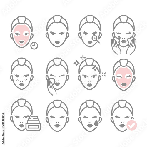 Women face and skin care, cosmetic routine icon set. Face mask sheet, cleaning and moisturizer icons.	