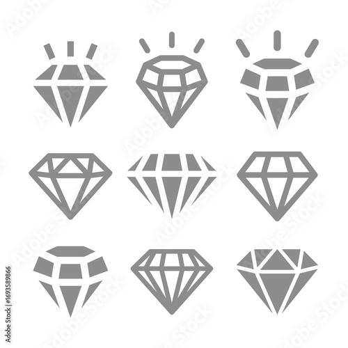 Shining diamond, line and filled vector icon set. Radiant, shiny crystal diamonds icons.