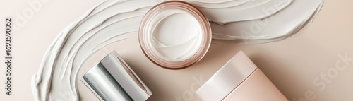 A stylish arrangement of skincare products featuring cream textures and sleek containers on a soft background, emphasizing beauty and wellness.