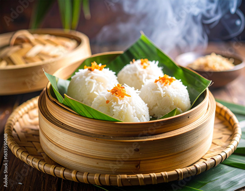 A close up of steaming kue ketan kelapa, traditional Indonesian rice flour cake filled