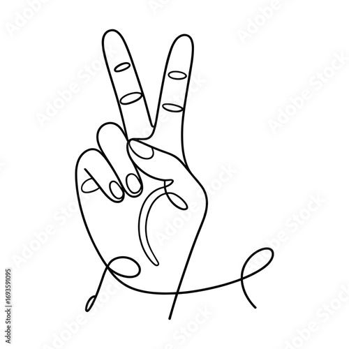 Minimalist continuous line drawing of a hand making the peace sign