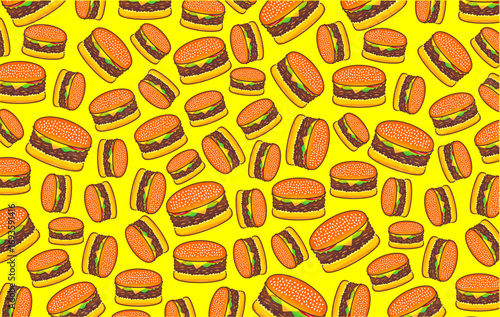 Doodle burger pattern background. Seamless pattern of burger. Doodle cheese burger of hamburger pattern background. Burger pattern. Vector illustration.