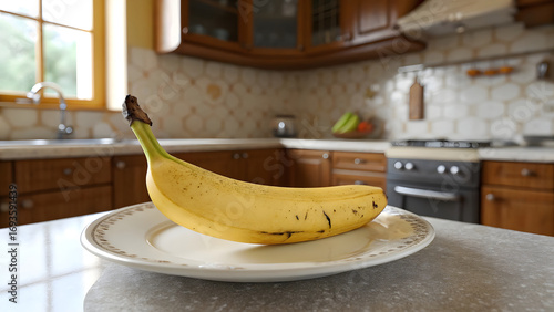 A vibrant of fresh, yellow banana on a plate in kitchen