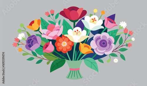 A pink bouquet of tulips and roses on an Easter greeting card surrounded by blooming spring flowers