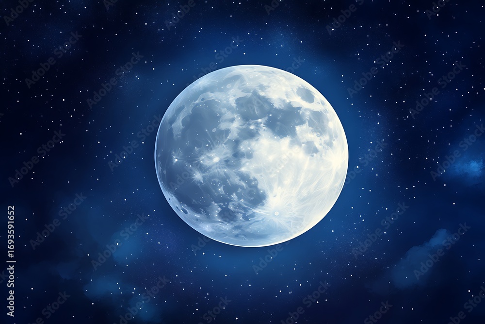 Obraz premium Full Moon and Stars in Dark Blue Night Sky, Celestial Body, Galaxy, Cosmos, Space