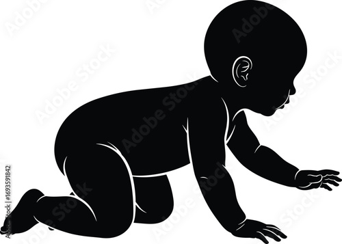 Black silhouette of crawling baby on hands and knees, vector illustration for infant development, childcare, parenting, and growth themes